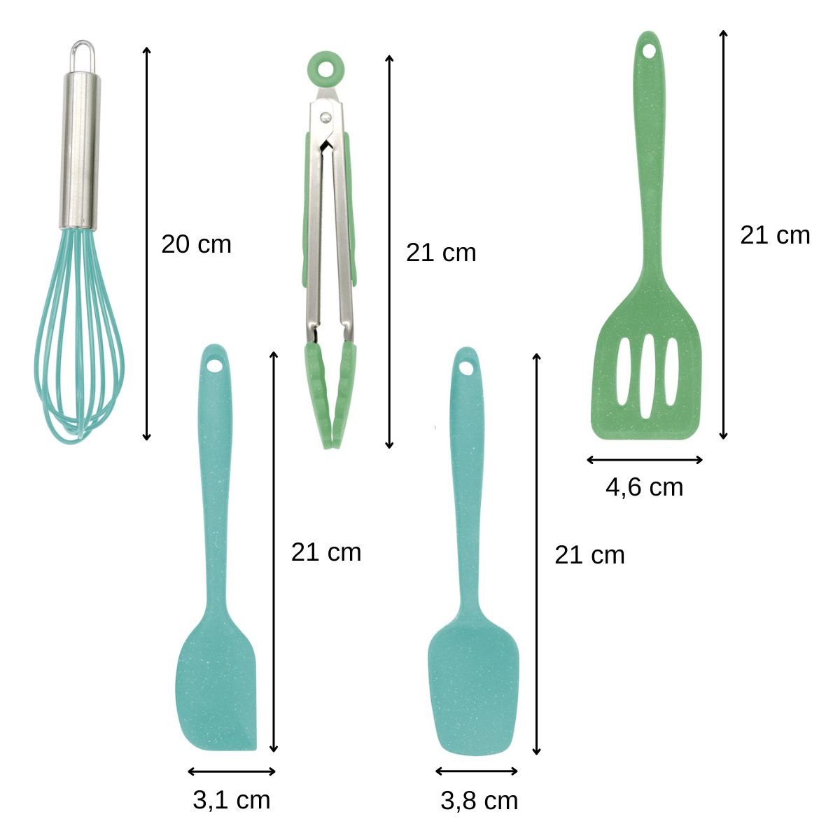 Set de 5 ustensiles de cuisine en silicone Fackelmann – dimensions
