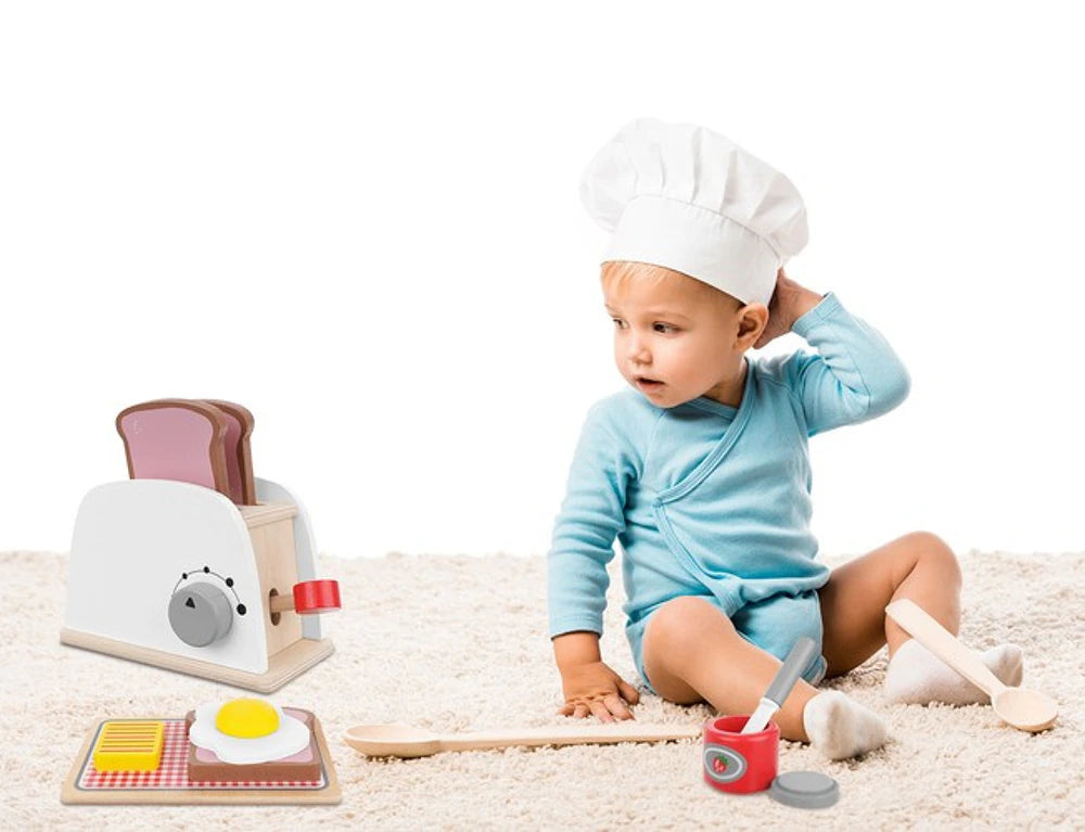 Grille-pain en bois jouet – Dînette petit-déjeuner 8 pièces
