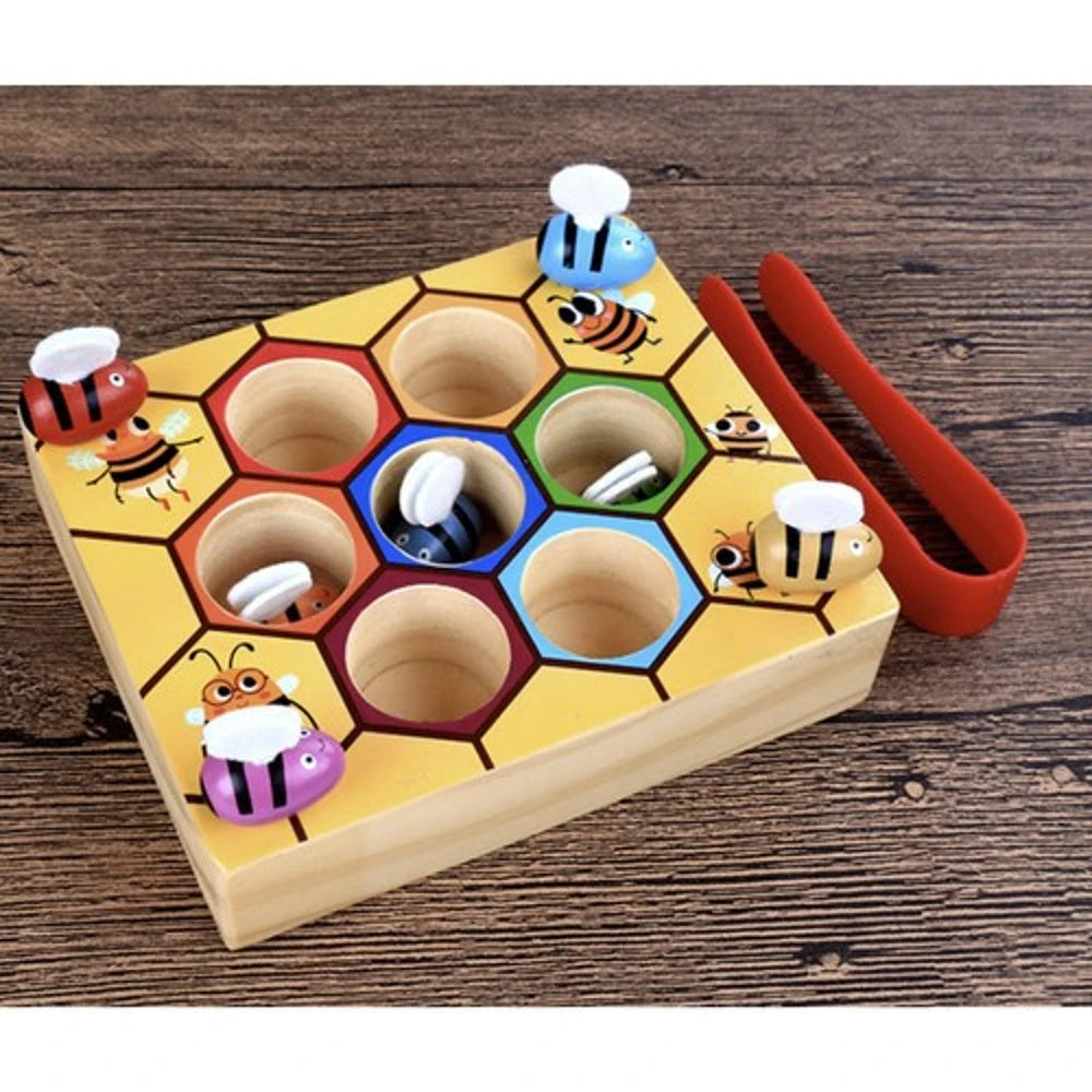 Jeu de motricité fine en bois – Attraper les abeilles avec une pince