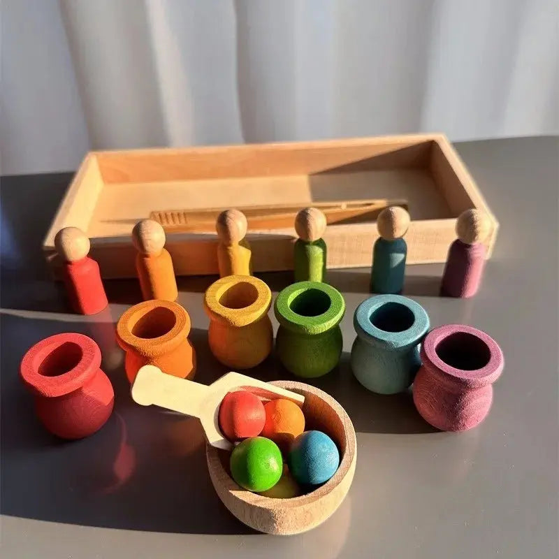 Jouets de tri arc-en-ciel en bois de hêtre, apprentissage précoce pour enfants, poupées à chevilles Pastel avec boules - Mon Jouet Montessori