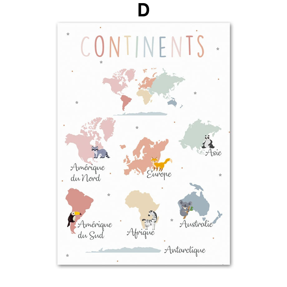 Posters d'apprentissage décoratifs Continents - Mon Jouet Montessori