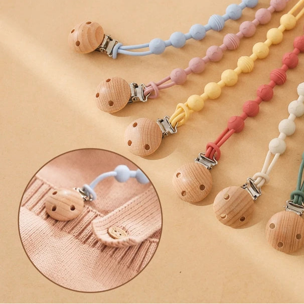 Clips de sucette en bois de hêtre, porte-chaîne factice, chaînes de sucette pour nouveau-né, porte-mamelon pour bébés, jouet de dentition pour bébé à mâcher - Mon Jouet Montessori