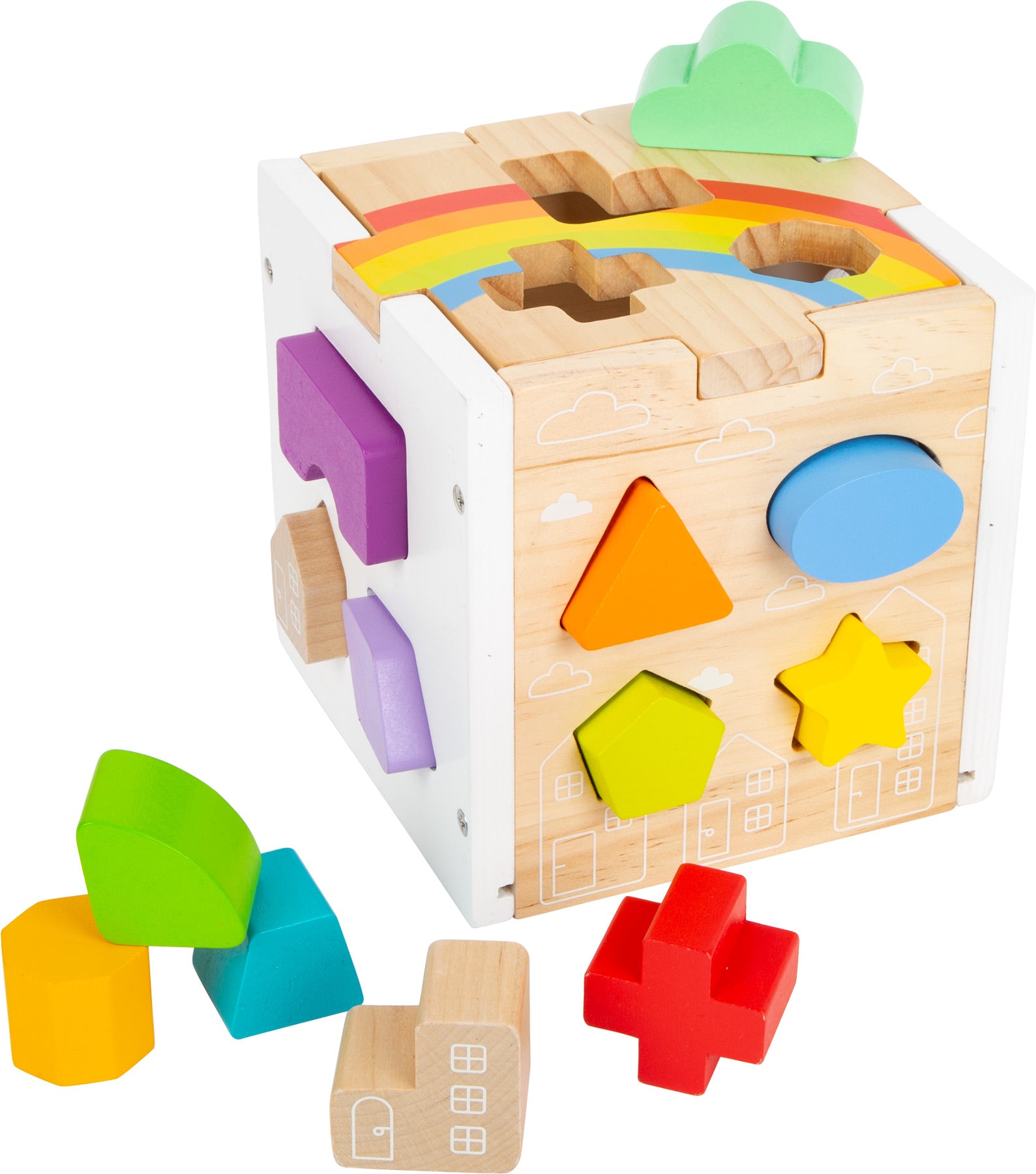 Boîte à formes en bois Montessori — cube trieur arc-en-ciel 13 pièces dès 12 mois