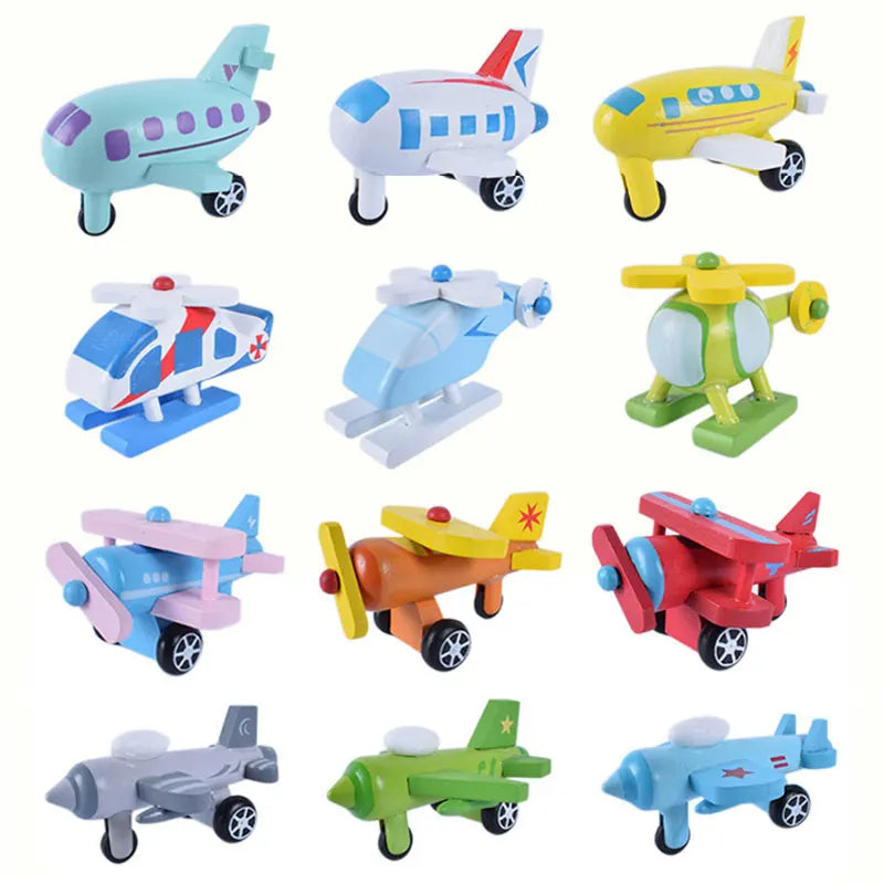 12PCS Set Mini Wooden Car Airplane Model Toy Simple Style Decoration Color Wooden Car Airplane Mini Educational Toy For Children -  Mon Jouet Montessori