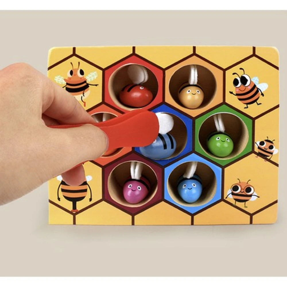 Jeu de motricité fine en bois – Attraper les abeilles avec une pince