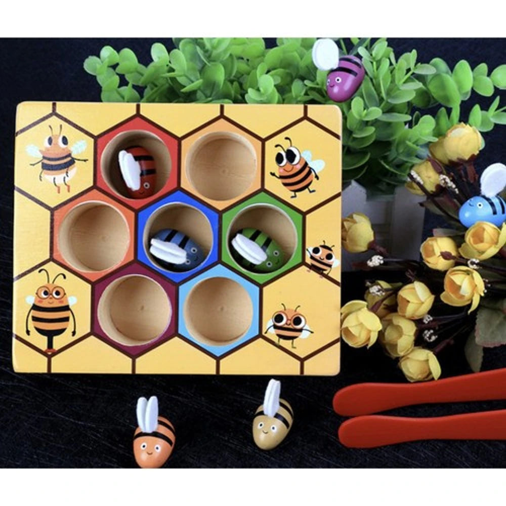 Jeu de motricité fine en bois – Attraper les abeilles avec une pince