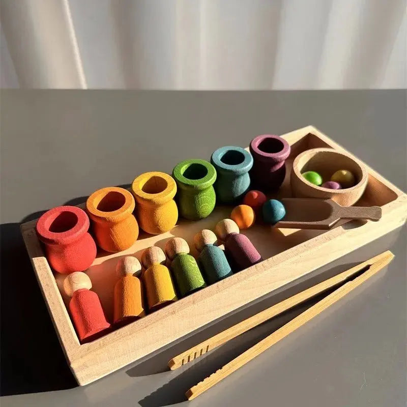 Jouets de tri arc-en-ciel en bois de hêtre, apprentissage précoce pour enfants, poupées à chevilles Pastel avec boules -  Mon Jouet Montessori