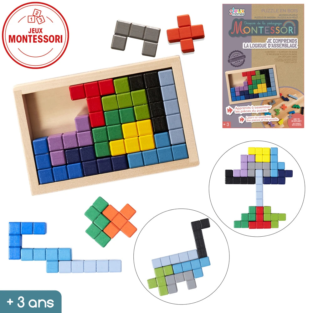 Puzzle Tetris en Bois Montessori — Jeu Logique d'Assemblage Enfant 3 ans