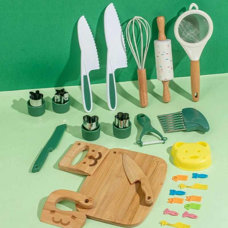 Couteau en bois sûr pour enfants et ensemble de cuisson pour enfants, outils de cuisine Montessori pour tout-petits, cuisine et cuisson pour enfants, petits chefs, cadeau -  Mon Jouet Montessori