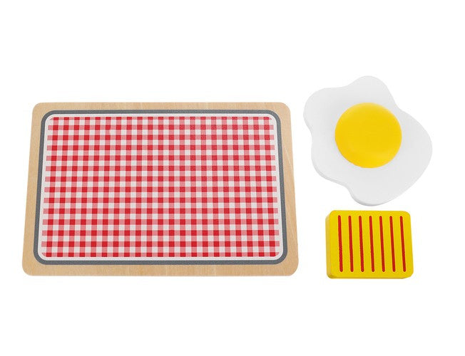 Accessoires du grille-pain jouet : plateau en bois, œuf au plat et fromage