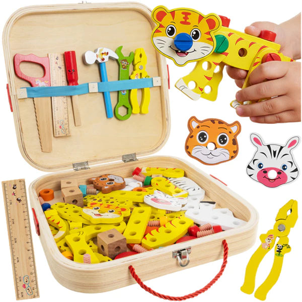 Outils en bois pour enfant dans un coffret de bricolage